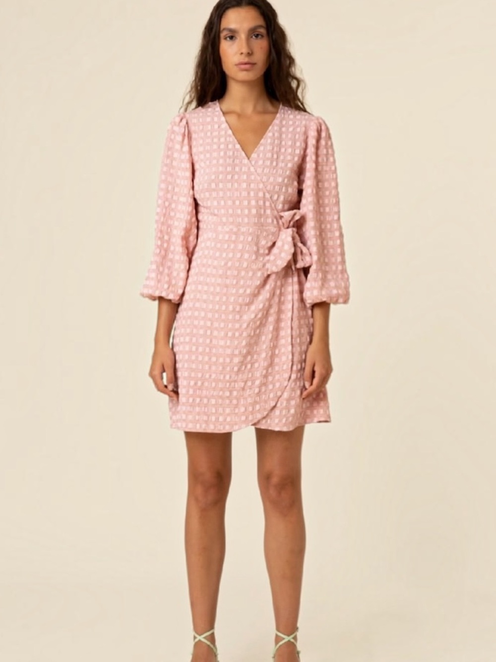 FRNCH Paris Acela Lightweight Gingham Wrap Designer Dress In Rose Pale Sz XS